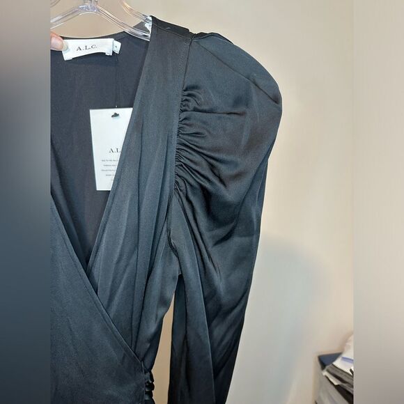 A.L.C. Christian Black Puff-Sleeve Belted Satin V Neck Straight Leg Sz 4 NWT - Picture 6 of 6